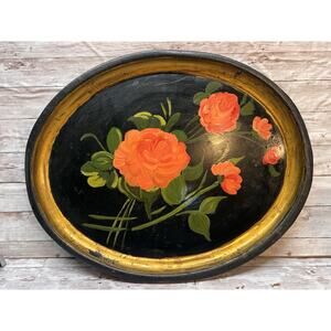 Metal Toleware Oval Serving Tray Handpainted Black Floral 20x16 Vintage Cottage